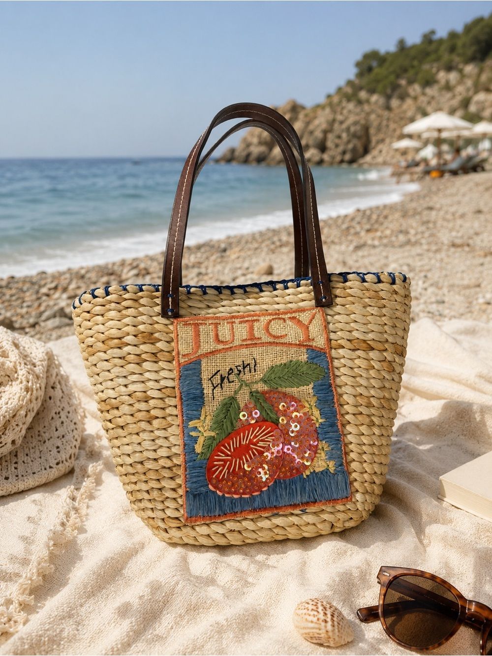 Corn Husk Straw Tote Bag Sequin Juicy Fruit Applique Beach Coastal Summer Cottag